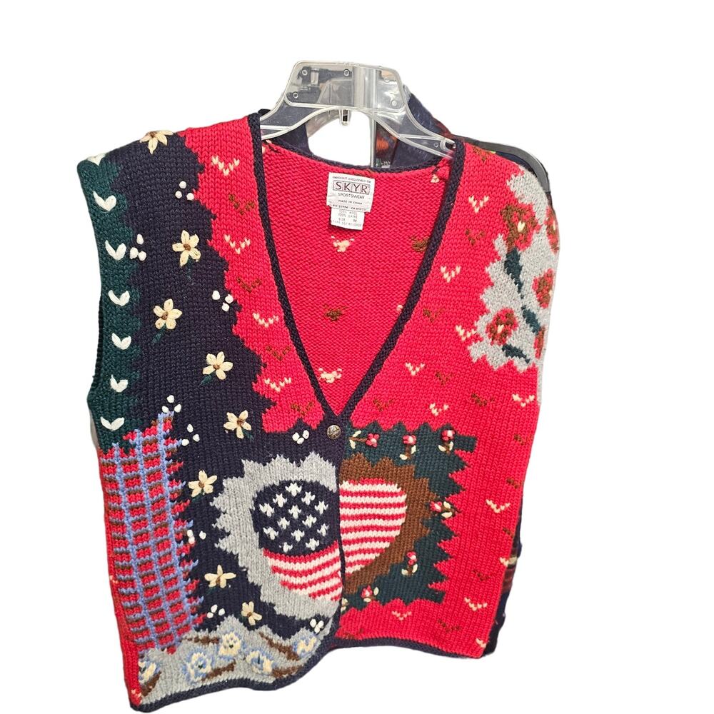 Skyr Sleeveless 100% Wool Sweater Vest Heart Floral Hand Knit Red Women Size M